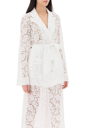 DOLCE & GABBANA White Lace Jacket with Waist Belt and Lapel Collar