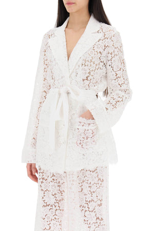 DOLCE & GABBANA White Lace Jacket with Waist Belt and Lapel Collar