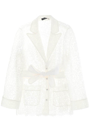 DOLCE & GABBANA White Lace Jacket with Waist Belt and Lapel Collar