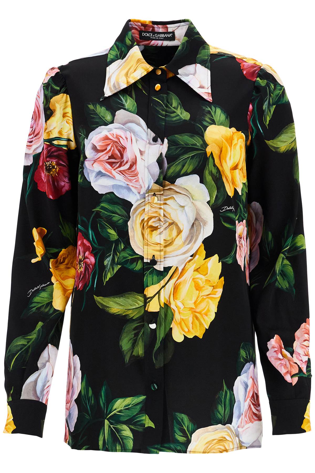 DOLCE & GABBANA Silk Shirt with Multicolored Roses and Yellow Buttons