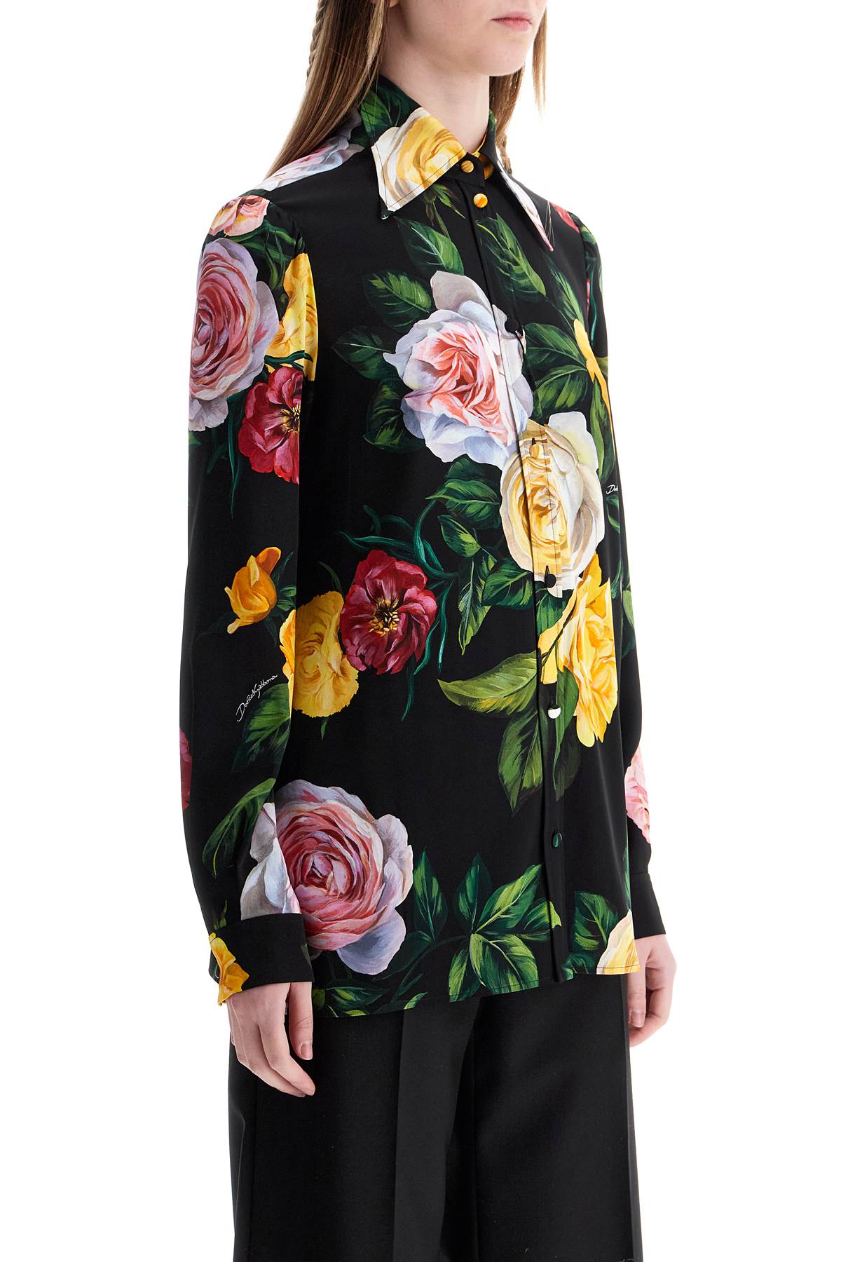 DOLCE & GABBANA Silk Shirt with Multicolored Roses and Yellow Buttons