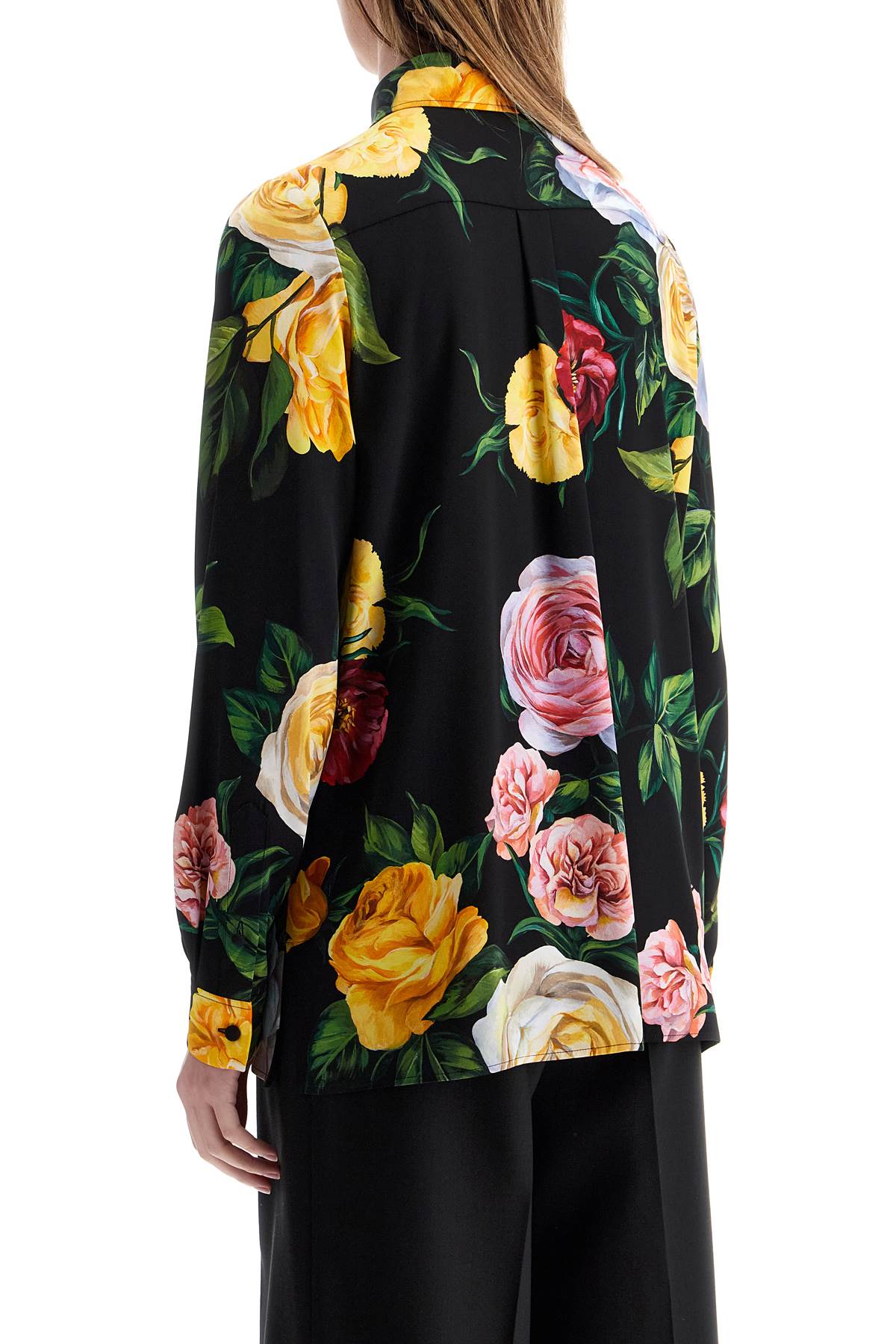 DOLCE & GABBANA Silk Shirt with Multicolored Roses and Yellow Buttons