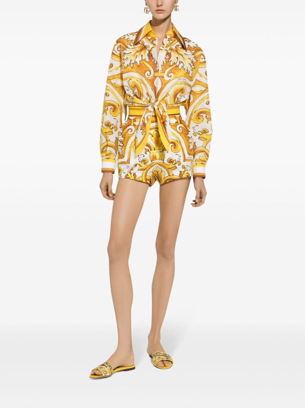 DOLCE & GABBANA Majolica Print Cropped Cotton Shirt