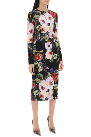 DOLCE & GABBANA Floral Print Long-Sleeve Pencil Dress in Black Silk with Leopard Print Lining