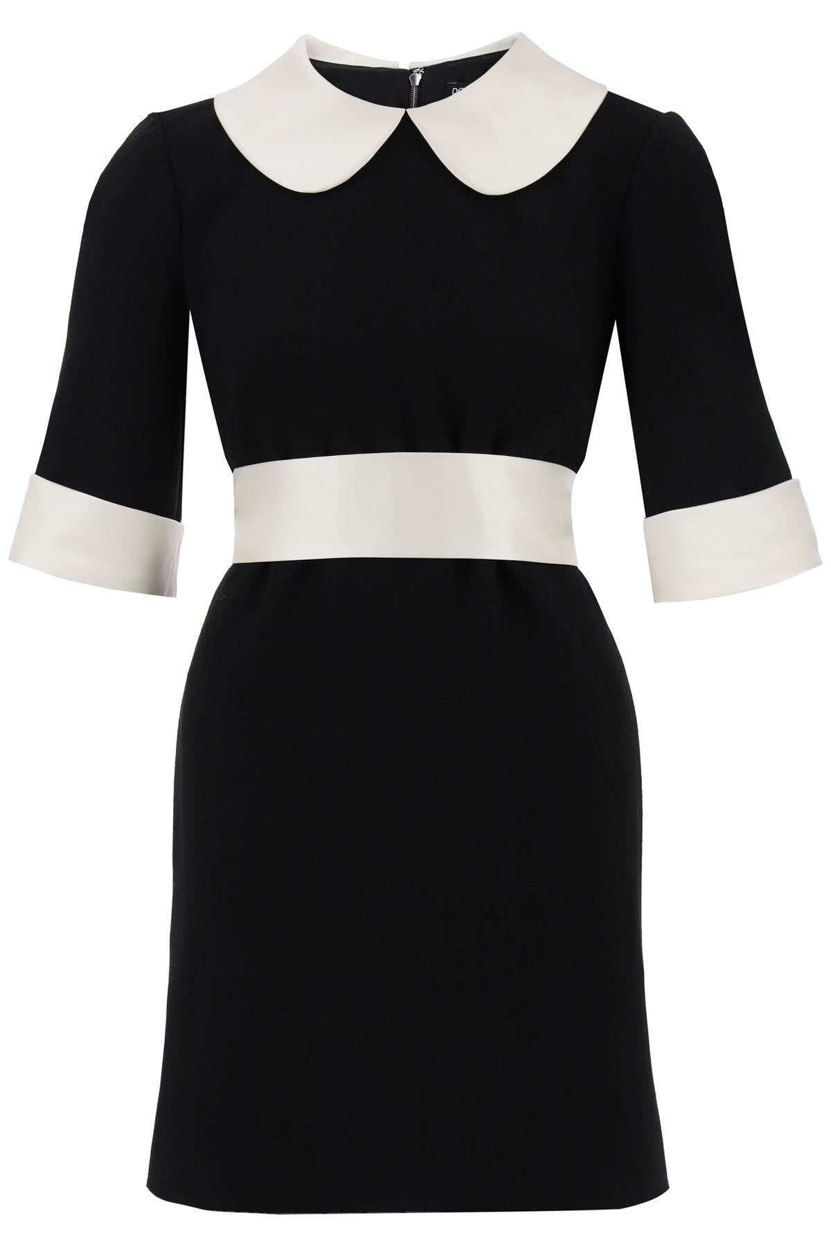 DOLCE & GABBANA Short Wool Crepe Dress with Satin Finishes and Peter Pan Collar