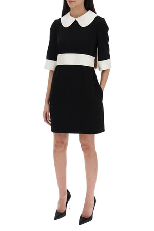 DOLCE & GABBANA Short Wool Crepe Dress with Satin Finishes and Peter Pan Collar