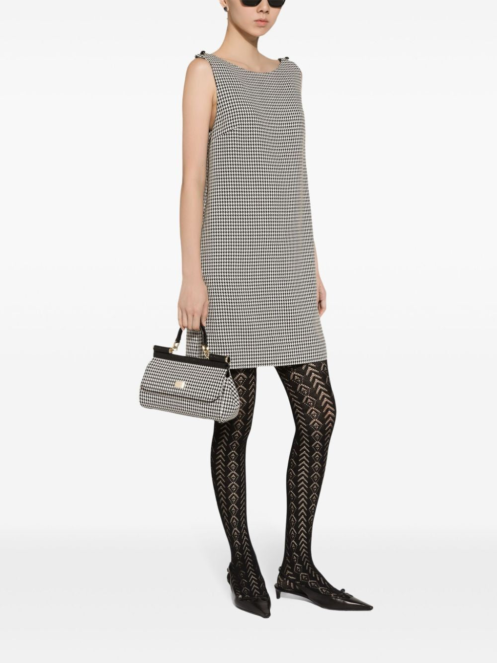 DOLCE & GABBANA Virgin Wool Dress with Open Back and Houndstooth Pattern