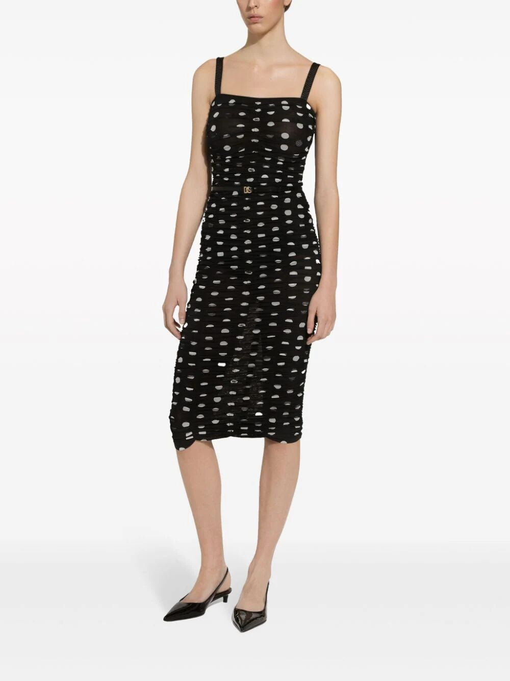 DOLCE & GABBANA Elegant Black Polka Dot Midi Dress