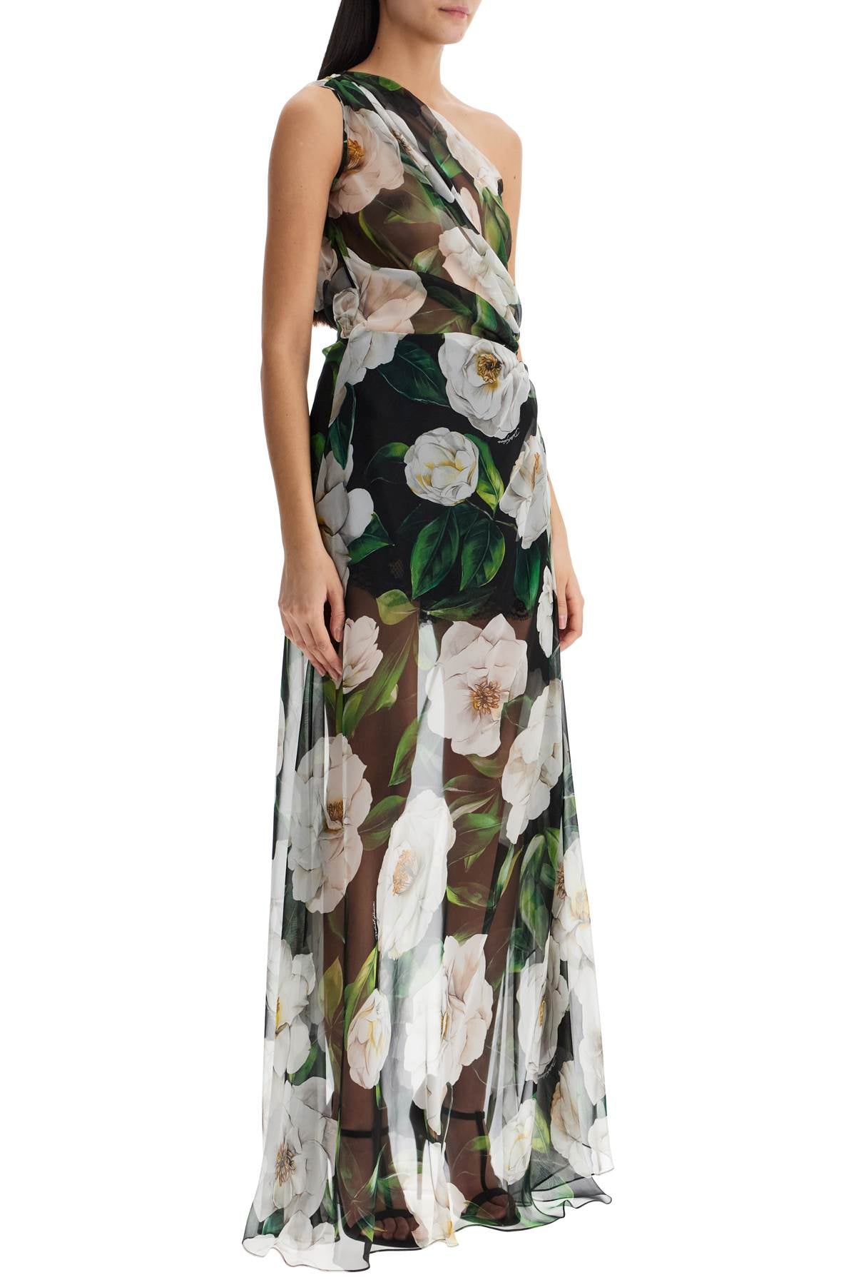 DOLCE & GABBANA Elegant One-Shoulder Floral Silk Maxi Dress