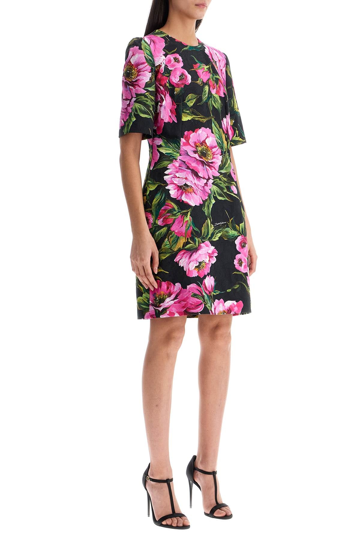 DOLCE & GABBANA Fit and Flare Peony Print Cotton Midi Dress