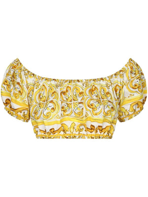 DOLCE & GABBANA Sunlit Sicilian Print Off-Shoulder Crop Top