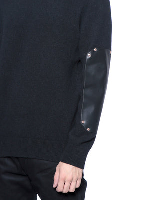 GIVENCHY Men's Black Wool Crew Neck Sweater with Studs and Leather Accents