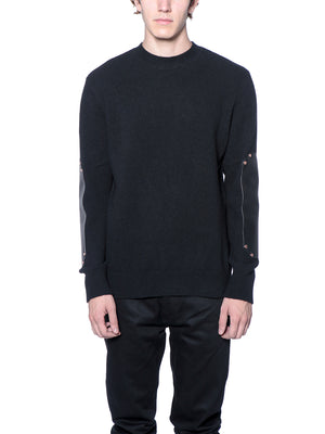 GIVENCHY Men's Black Wool Crew Neck Sweater with Studs and Leather Accents