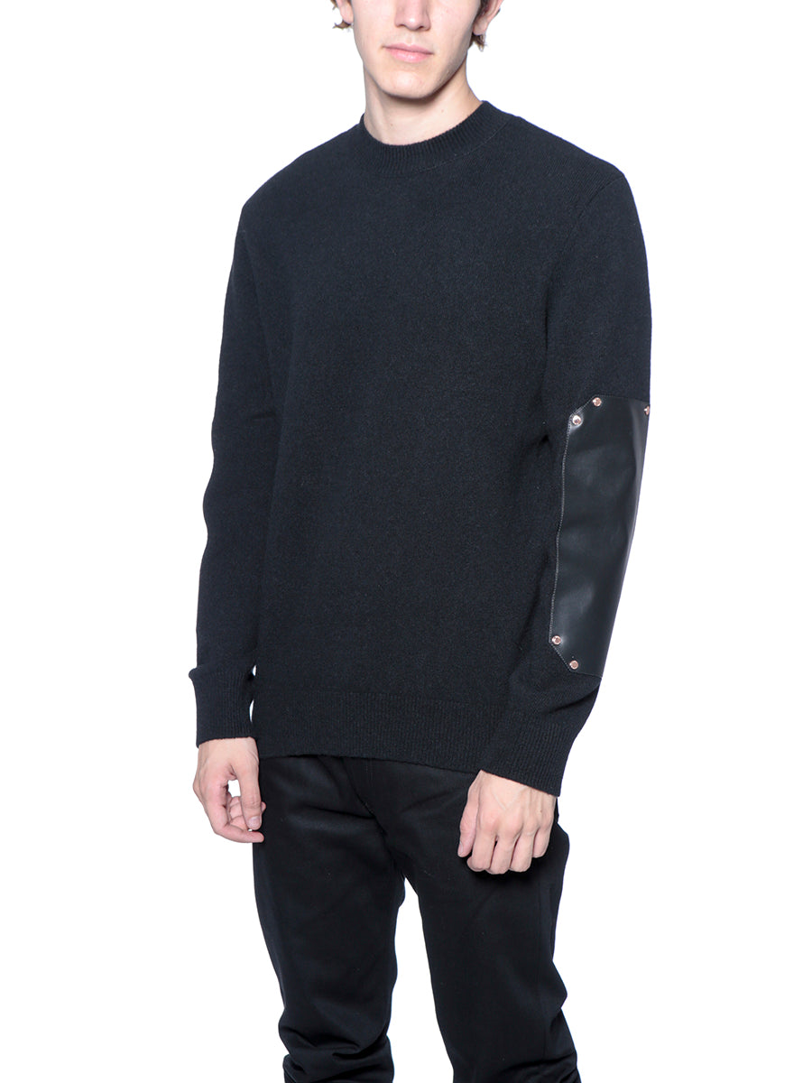 GIVENCHY Men's Black Wool Crew Neck Sweater with Studs and Leather Accents