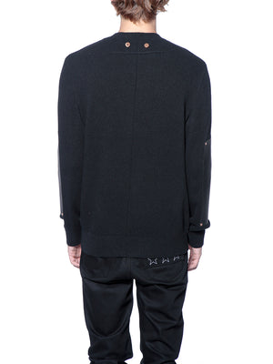 GIVENCHY Men's Black Wool Crew Neck Sweater with Studs and Leather Accents