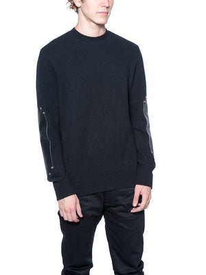 GIVENCHY Men's Black Wool Crew Neck Sweater with Studs and Leather Accents