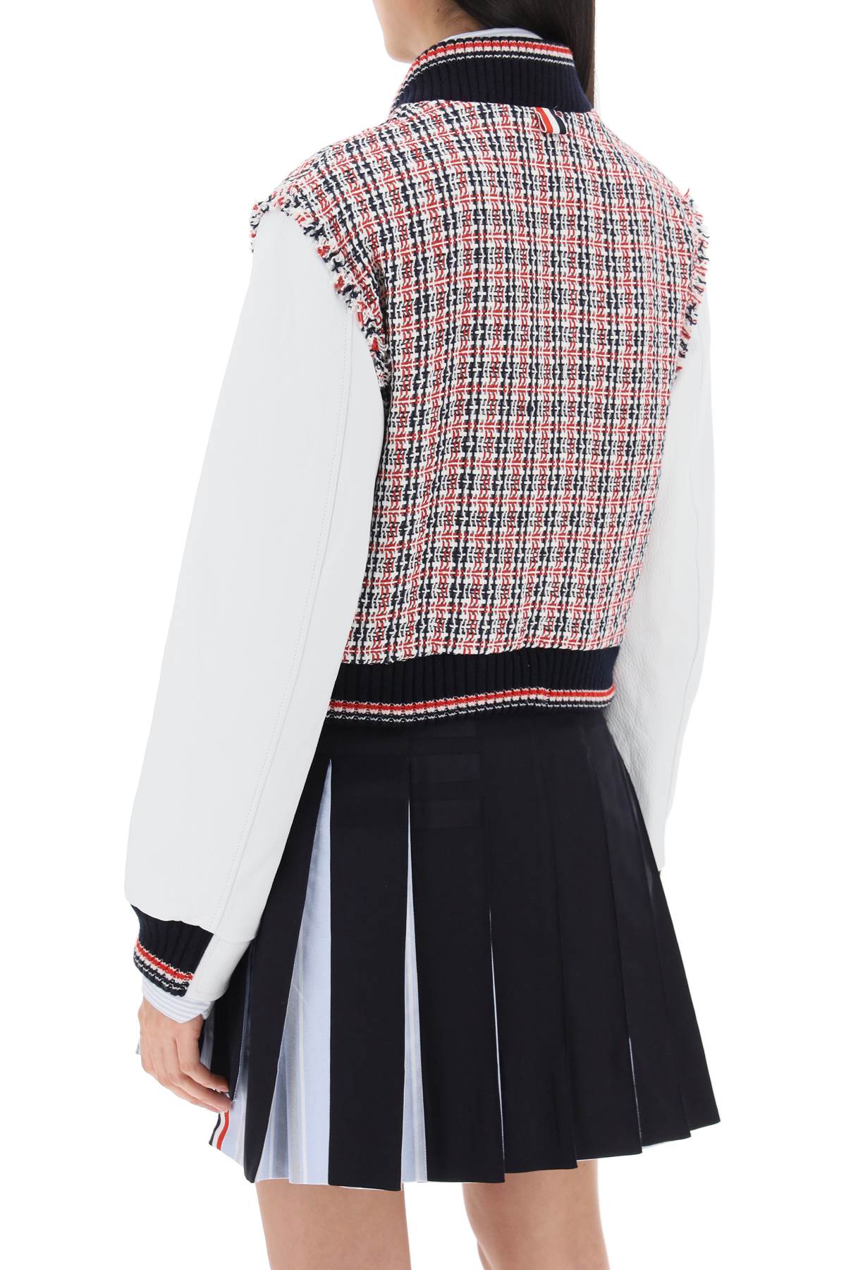 THOM BROWNE Mixed Colours Tweed Bomber Jacket with Leather Sleeves for Women