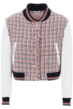 THOM BROWNE Mixed Colours Tweed Bomber Jacket with Leather Sleeves for Women