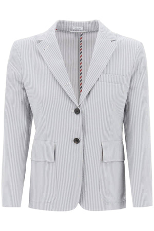 THOM BROWNE Striped Seersucker Single-Breasted Jacket - Grey