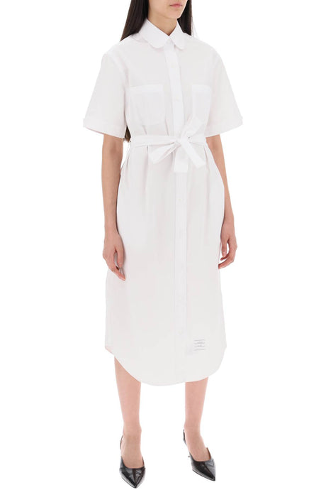 THOM BROWNE White Cotton Midi Blouse with Belt for Women - FW24 Collection
