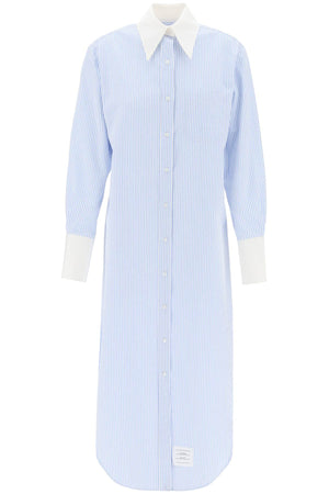 THOM BROWNE Striped Seersucker Maxi Dress with High Silk Faille Cuffs for Women