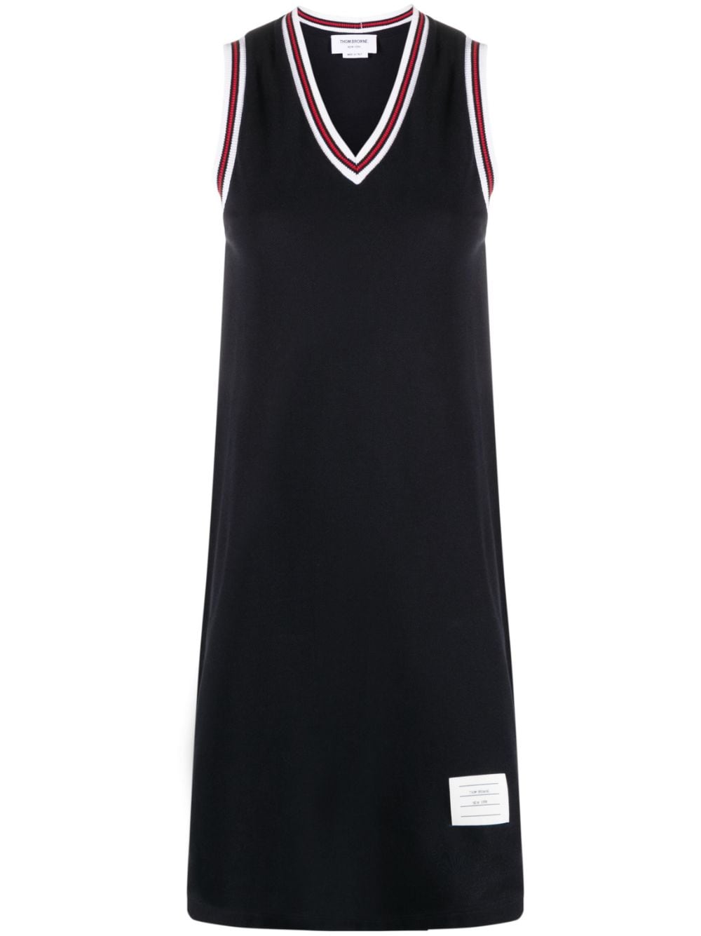 THOM BROWNE Grey Stripe Trim V-Neck Sleeveless Cotton Dress