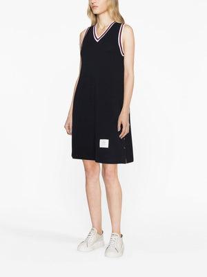 THOM BROWNE Grey Stripe Trim V-Neck Sleeveless Cotton Dress