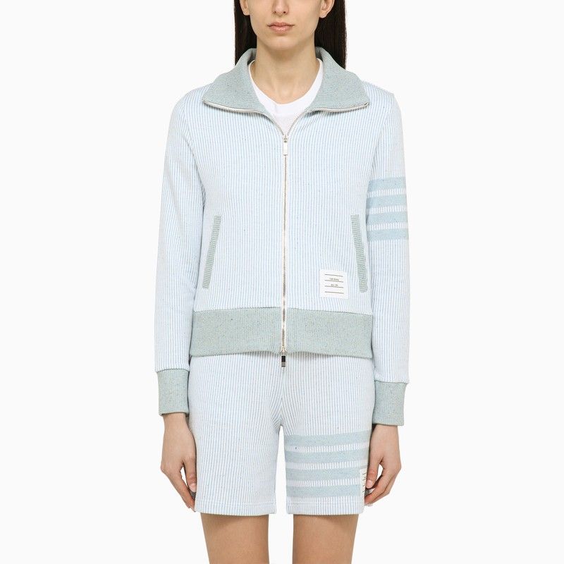 THOM BROWNE Navy Striped Cotton Cardigan with Zipper for Women