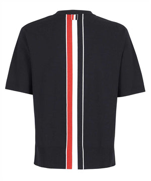 THOM BROWNE Blue Knit T-Shirt with Ribbed Neckline, Cuffs, and Asymmetric Hem