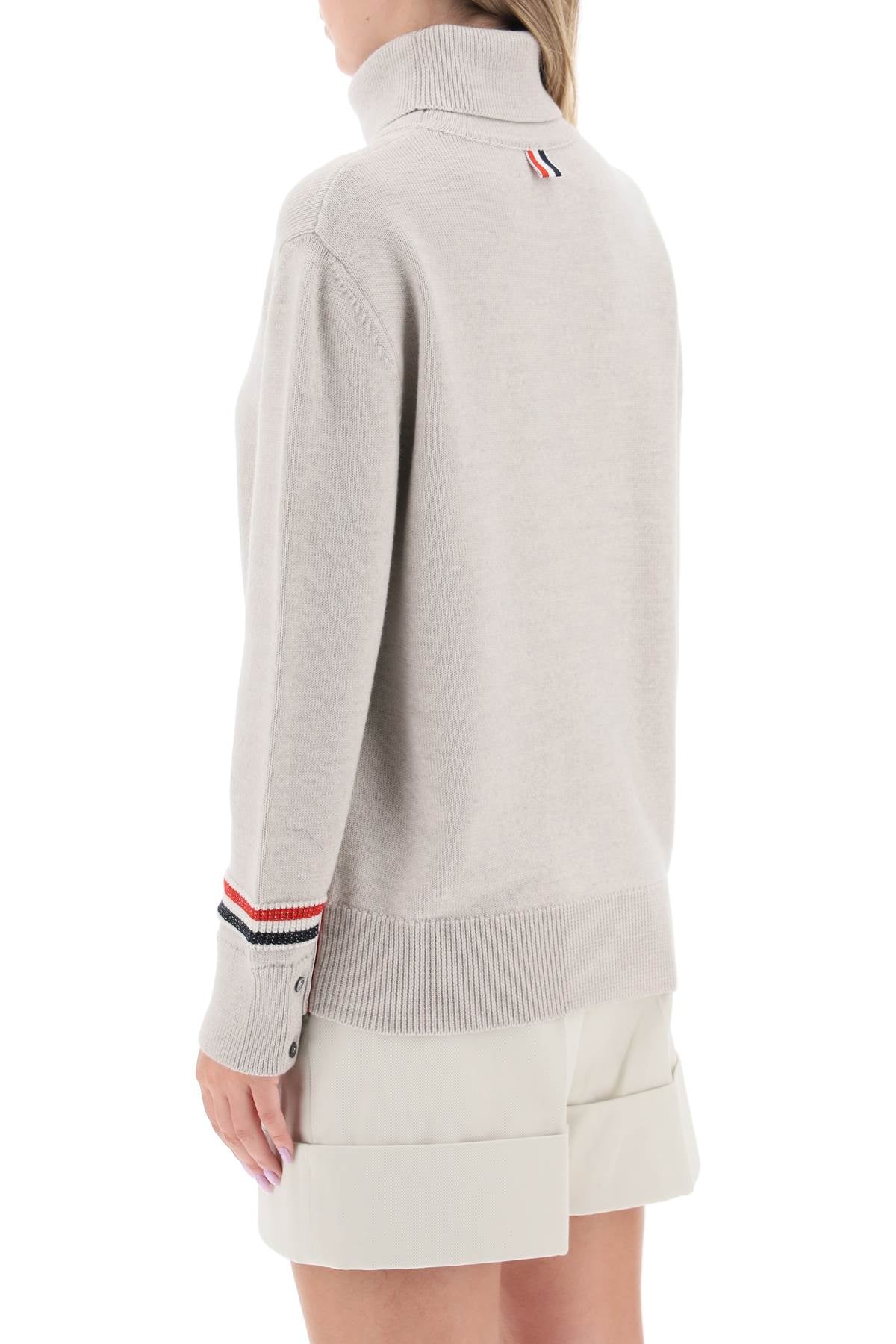 THOM BROWNE Gray Wool Turtleneck Sweater with Striped Detail for Women