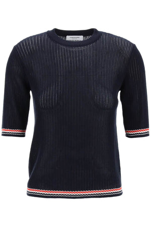 THOM BROWNE Navy Pointelle-Knit T-Shirt for Women's SS24 Collection