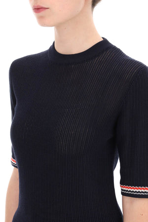 THOM BROWNE Navy Pointelle-Knit T-Shirt for Women's SS24 Collection