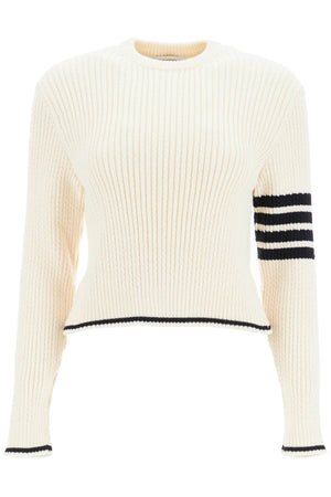 THOM BROWNE Elegant Cable Knit Crewneck Sweater with Signature Stripes