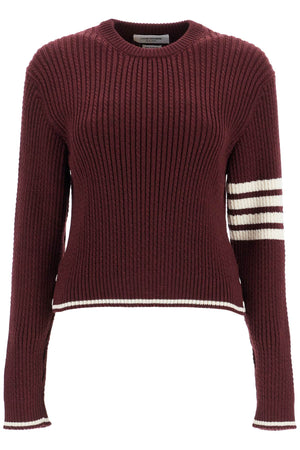 THOM BROWNE Elegant Cable Knit Crewneck Sweater with Signature Stripes