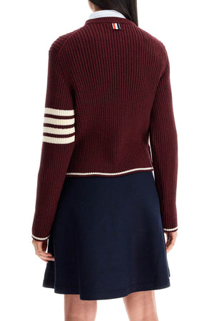 THOM BROWNE Elegant Cable Knit Crewneck Sweater with Signature Stripes