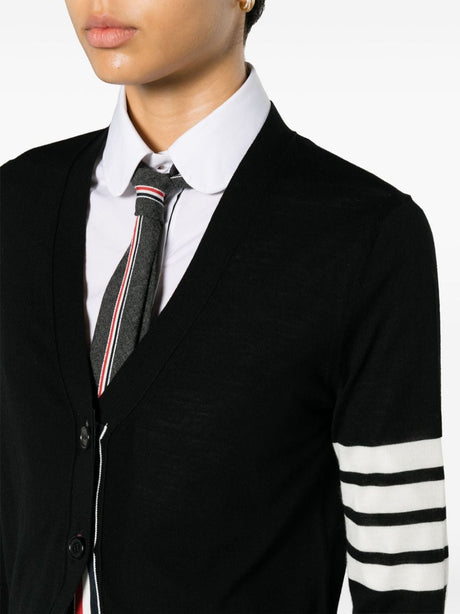 THOM BROWNE Elegant Black Wool Cardigan with Signature Stripes