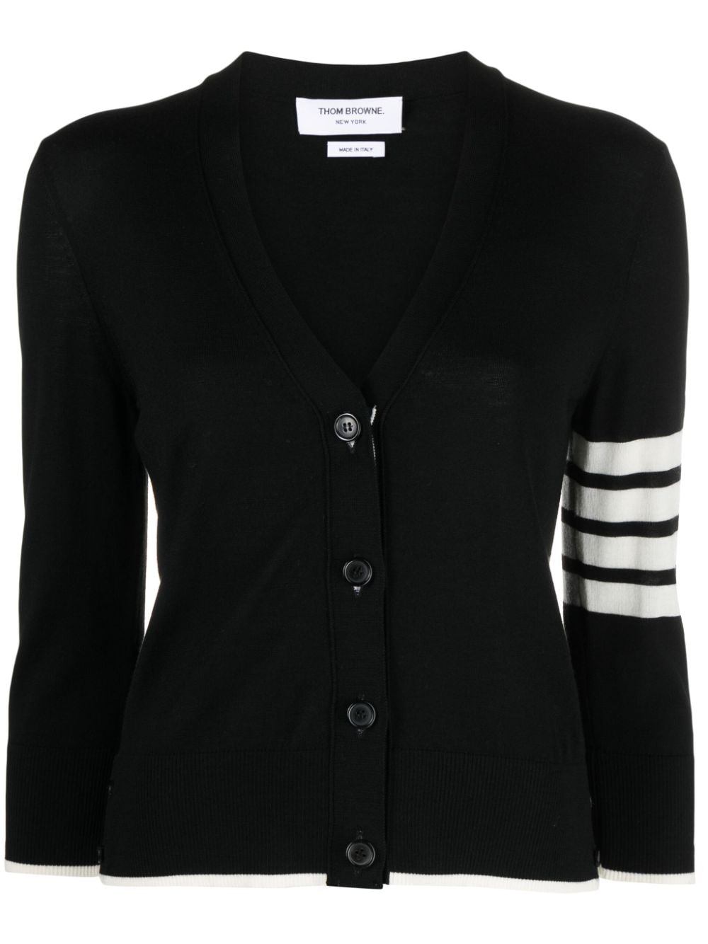 THOM BROWNE Elegant Black Wool Cardigan with Signature Stripes