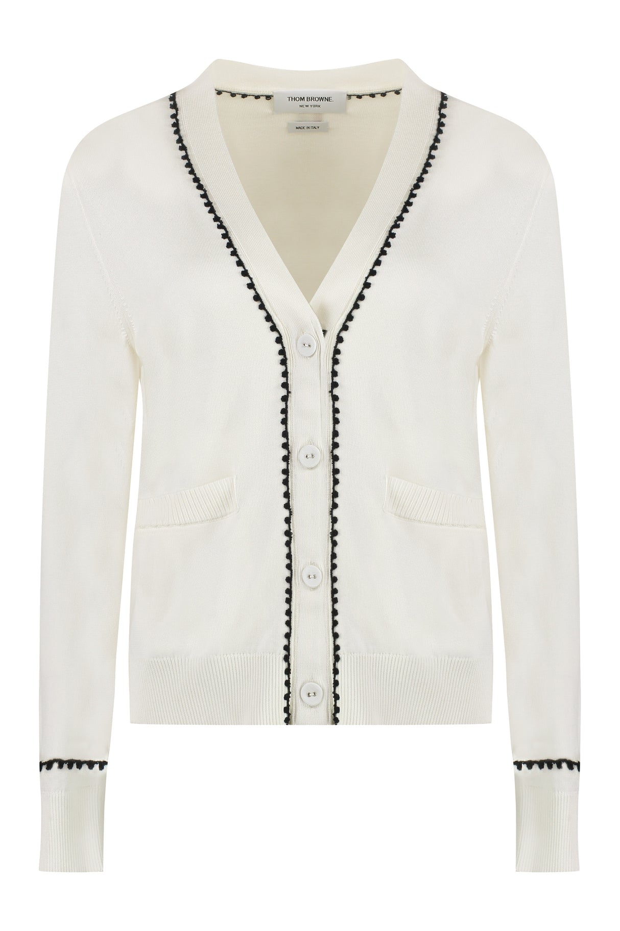 THOM BROWNE White Silk and Cotton Cardigan with Contrasting Trimmings for Women