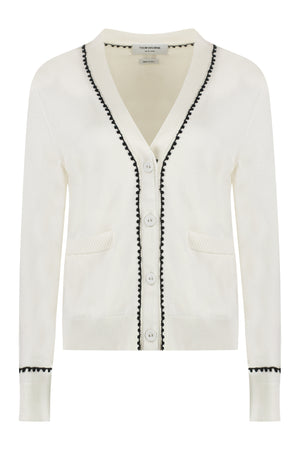 THOM BROWNE White Silk and Cotton Cardigan with Contrasting Trimmings for Women