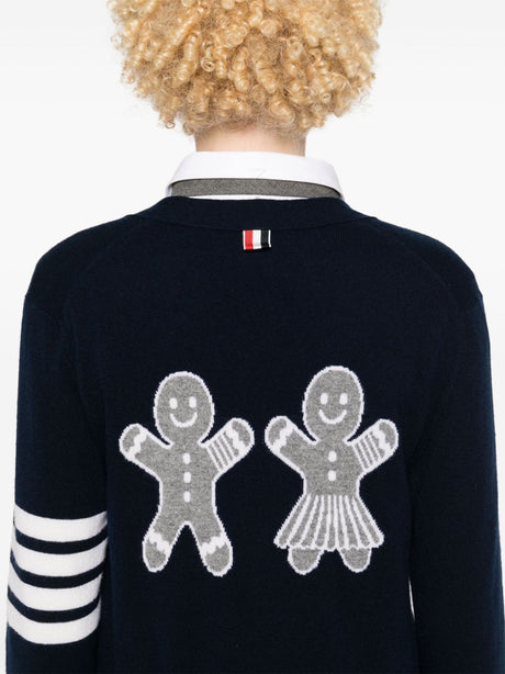 THOM BROWNE Classic V Neck Cardigan with Intarsia Design in Merino Wool