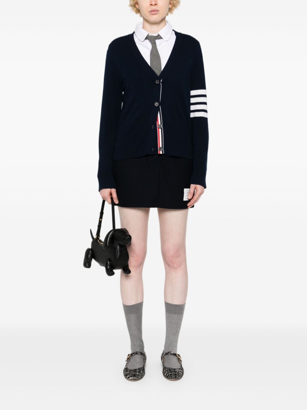 THOM BROWNE Classic V Neck Cardigan with Intarsia Design in Merino Wool