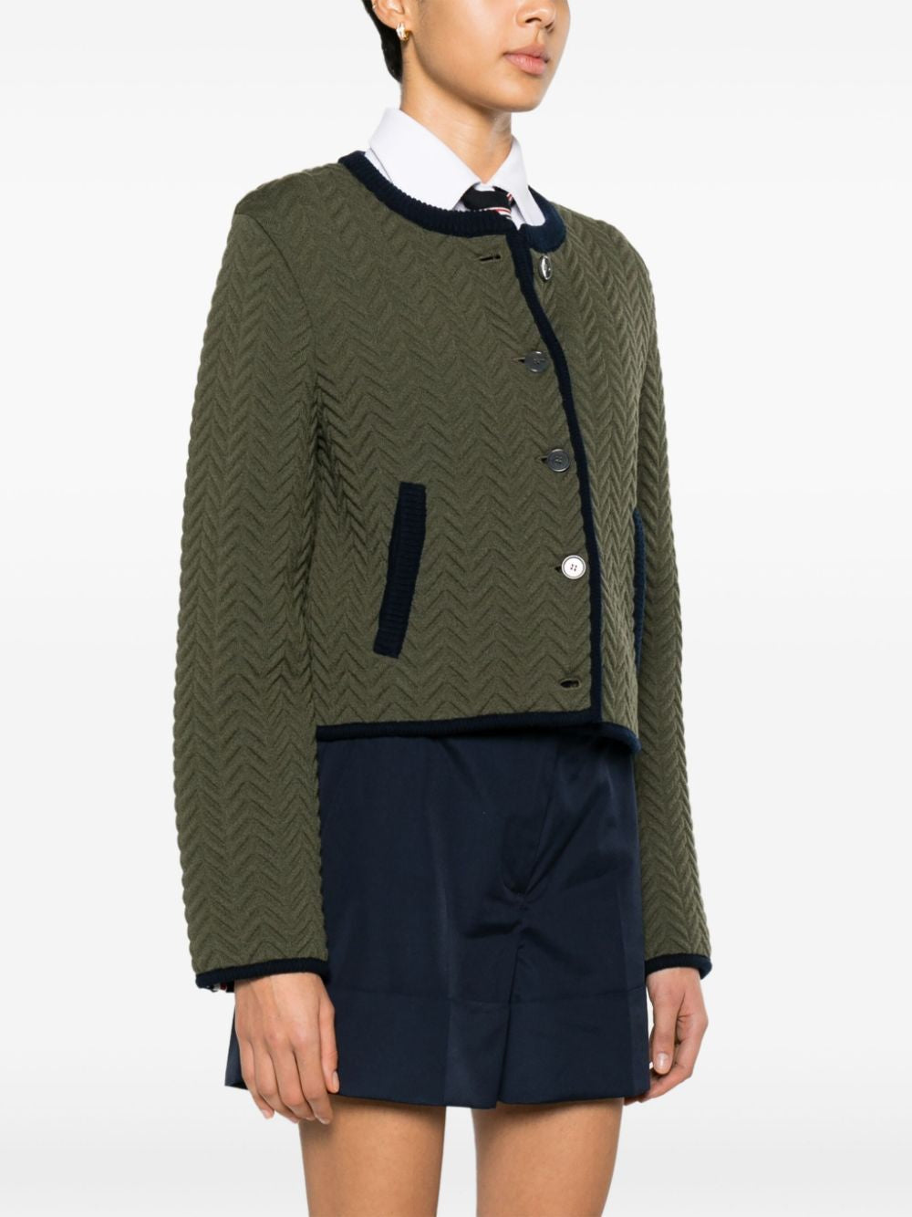 THOM BROWNE Quilted Vest in Khaki Green Herringbone - Straight Cut Design