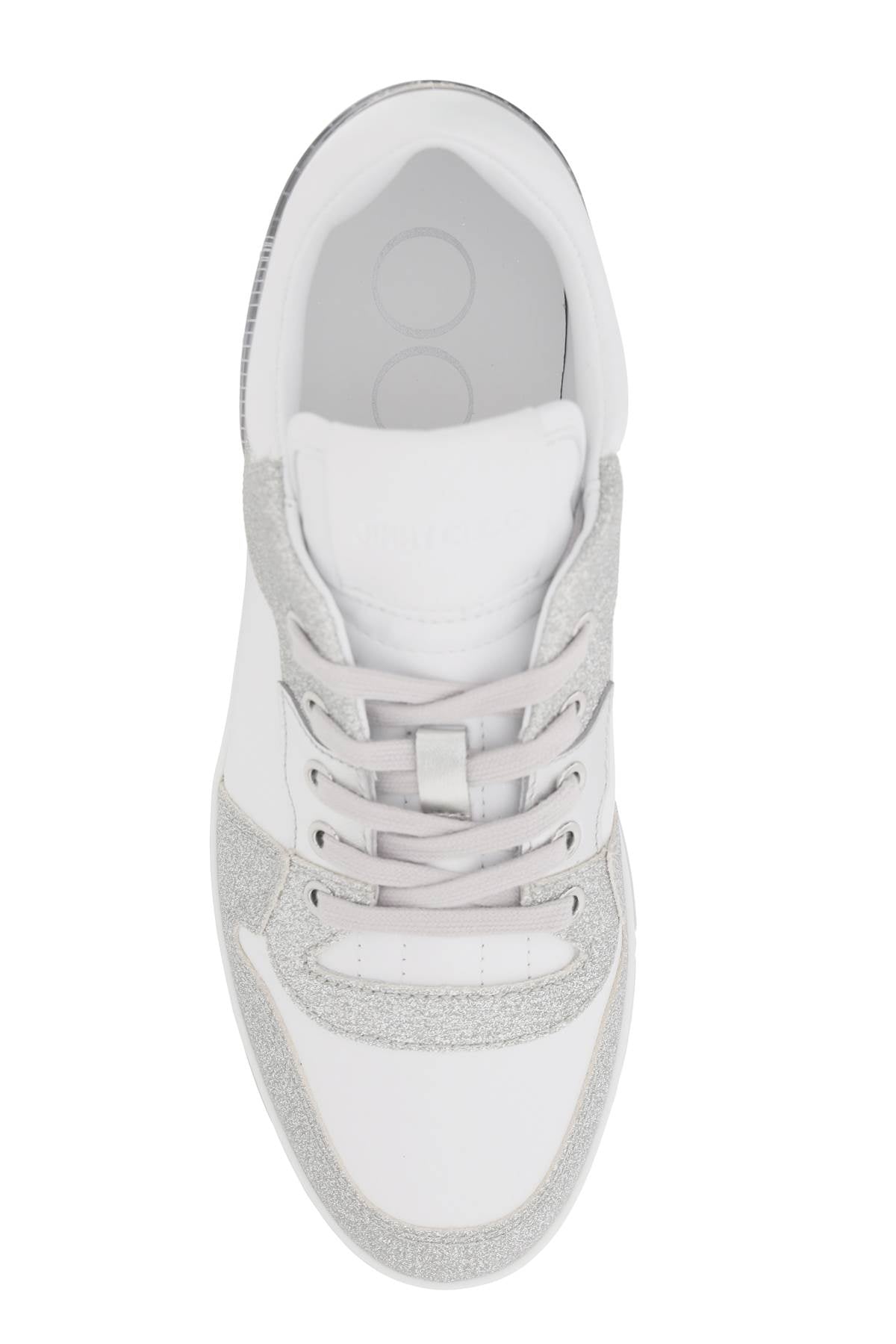 JIMMY CHOO Glittered Leather Sneakers with Embroidered Logo and Semi-Transparent Rubber Insert