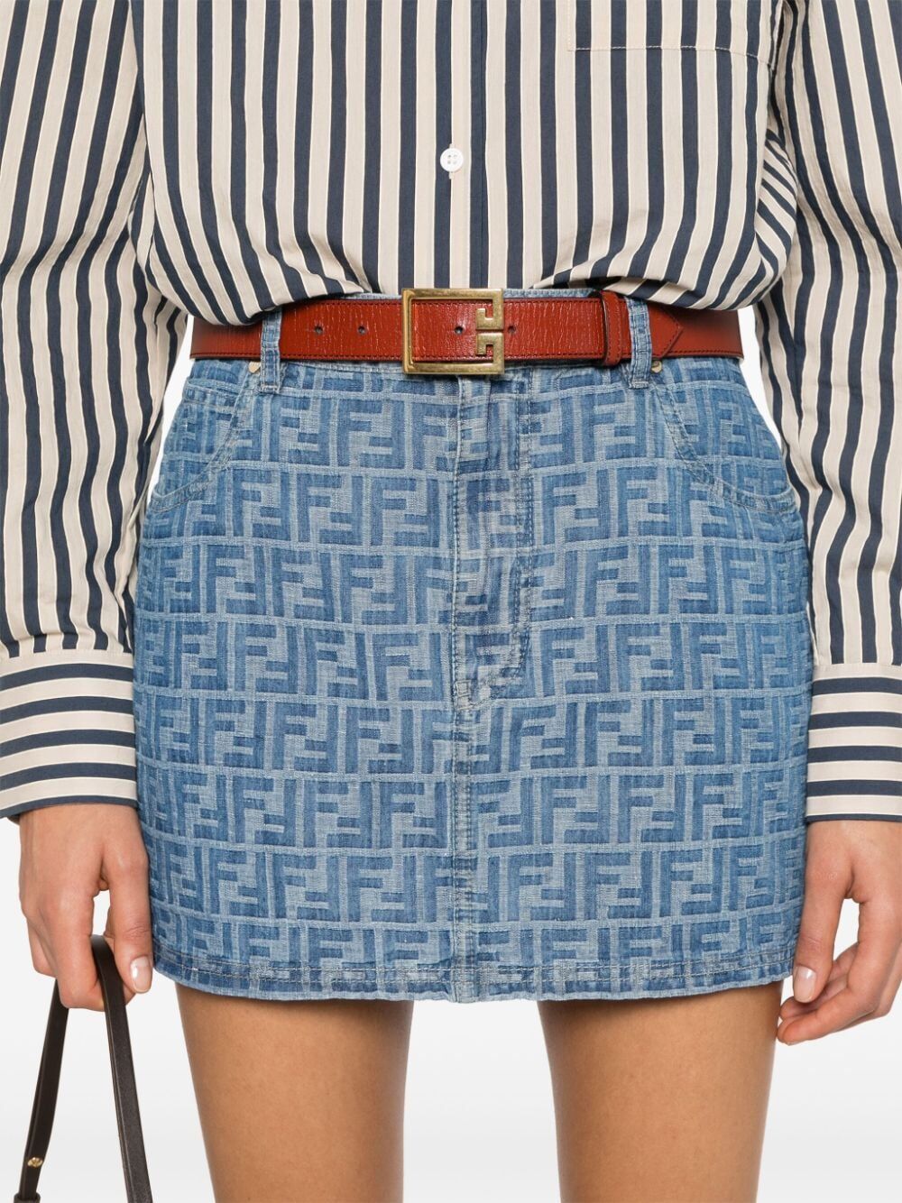 FENDI Chic Light Blue Denim Mini Skirt with Leather Accents