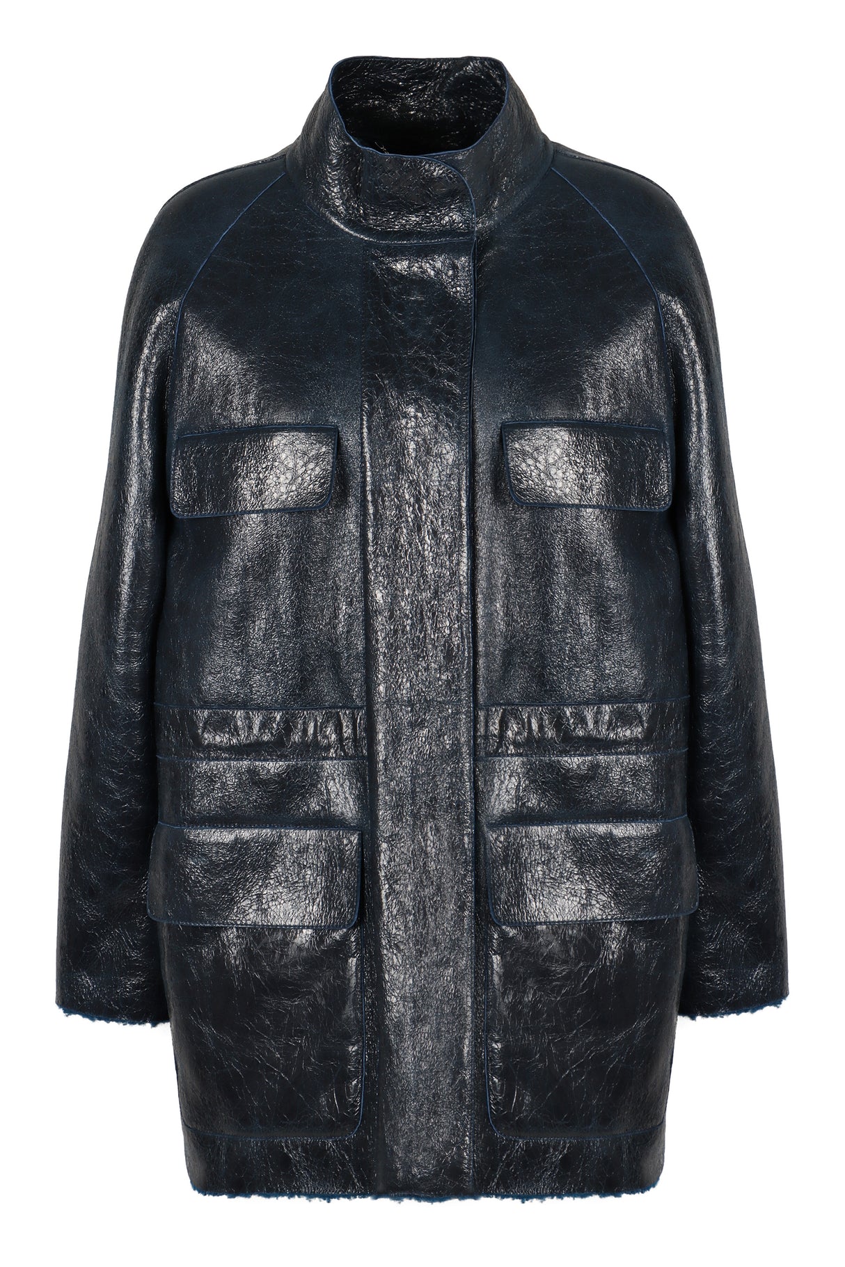 FENDI Dark Blue Shearling Jacket with Adjustable Waist