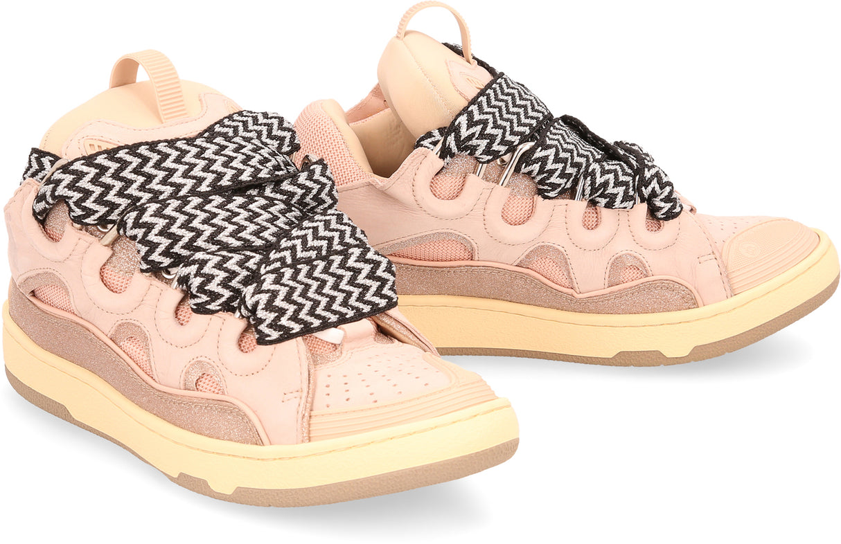 LANVIN Men's Low-Top Curb Sneakers in Oversize Fit with Leather and Glitter Fabric Details, Pink