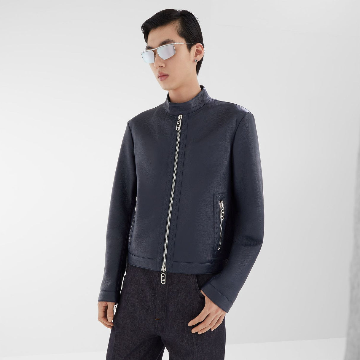 FENDI Blueberry Leather Outerwear Jacket