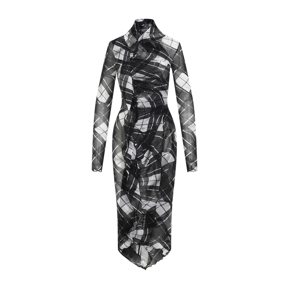 JEAN PAUL GAULTIER Draped Printed Long Dress in Distorted Tartan