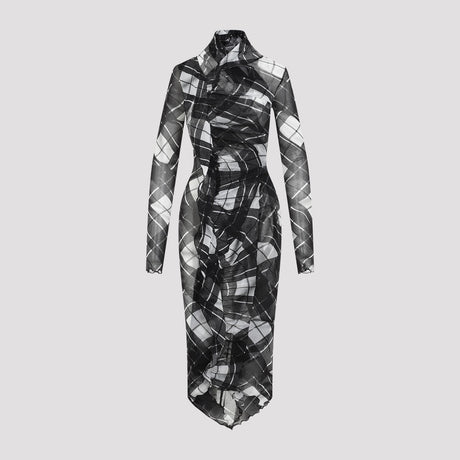 JEAN PAUL GAULTIER Draped Printed Long Dress in Distorted Tartan