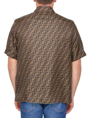 FENDI Luxurious Men's FF Print Silk Shirt in Shades of Brown and Tobacco